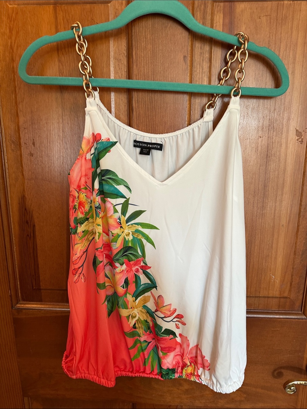 Boston Proper Cream and Coral Floral Chain-Strap Camisole